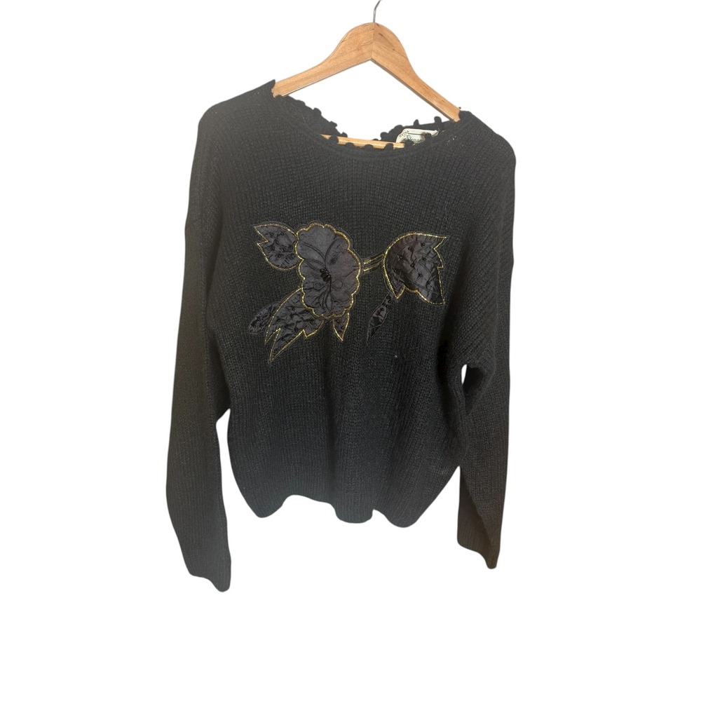 Extra Shenanigans Black Floral Embellished Knit Sweater Size 18 80's Vintage